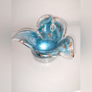 HandBlown Murano Lavorazione Blue Petal Art Glass Bowl with Gold Aventurine